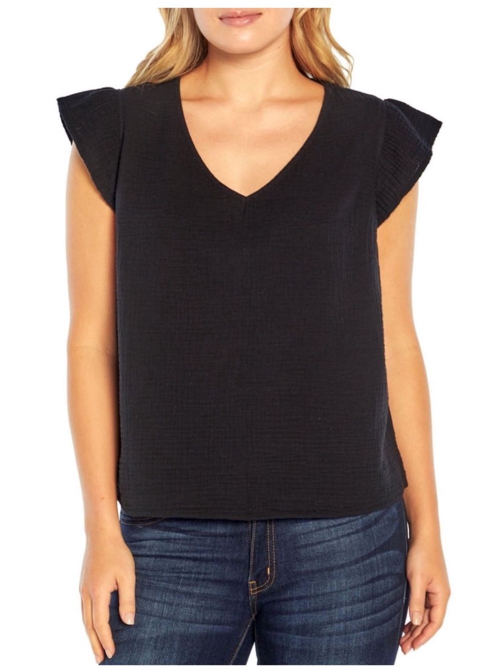 3 Dots Black V-Neck Flutter Sleeve Crinkle Gauze Top